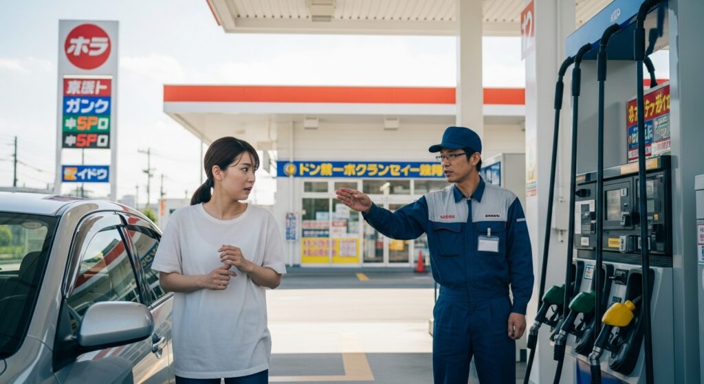 ペーパードライバー講習 ガソリンスタンドでの給油指導シーン ガソリンスタンドで店員から給油方法を教わる女性ドライバー|ペーパードライバー講習の一場面