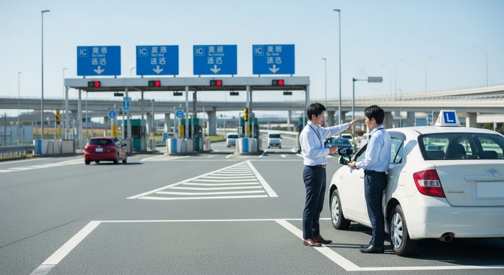 高速道路ICの料金所前でインストラクターが受講者に指導しているペーパードライバー講習の様子