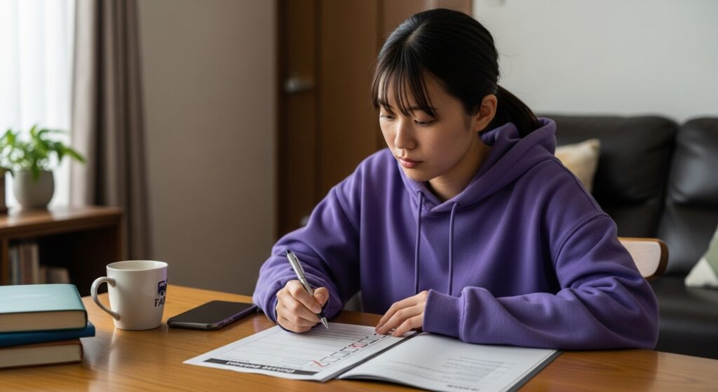 自宅でチェック表を使いながら運転の勉強をする女性｜標識見落とし防止の学習シーン