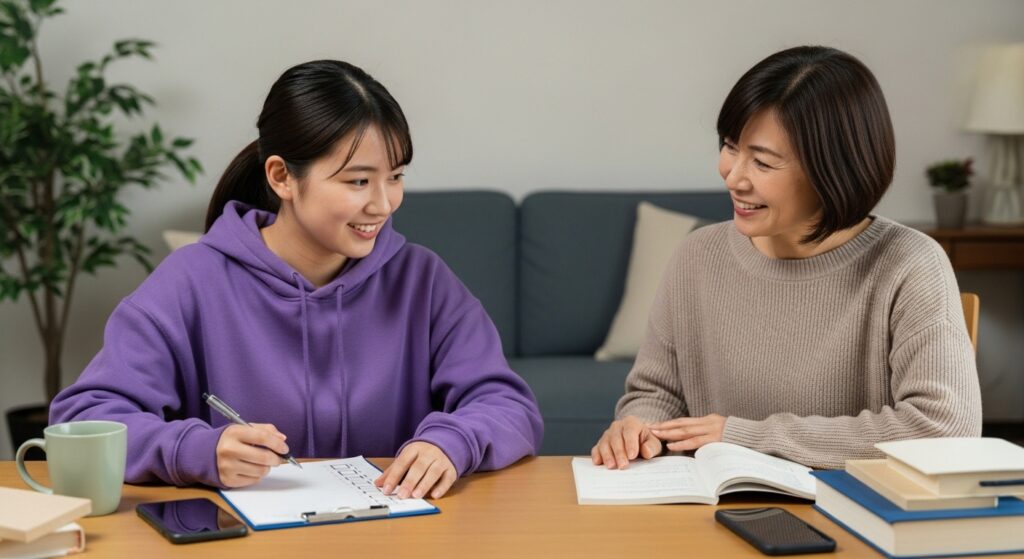 リビングで母と娘がチェック表を見ながら談笑するシーン｜標識を探す学習の家庭サポート