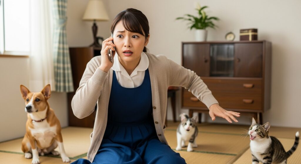 paperdriver-lesson-2nd-reservation-timing.jpg 「ペーパードライバー講習2回目の予約タイミングに悩み、スマホで電話する女性と驚く犬と猫」