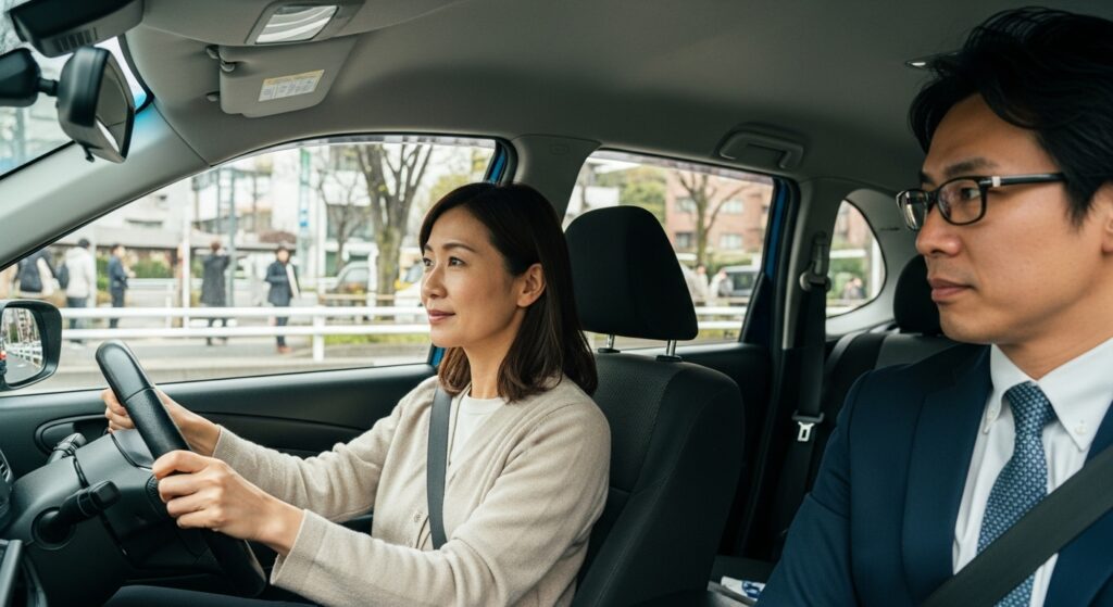 10年ぶりに運転に挑戦する37歳女性と指導するインストラクターの車内シーン｜ペーパードライバー講習