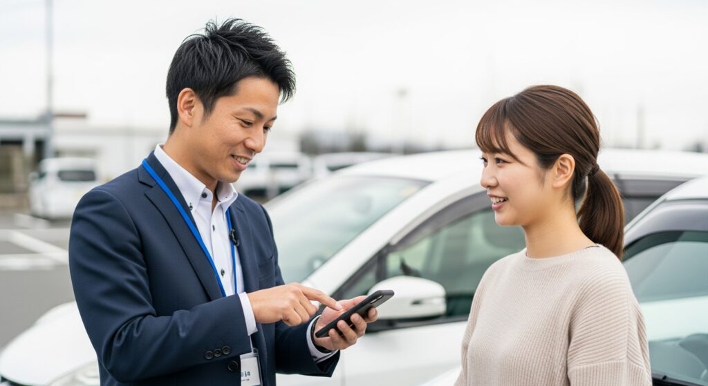 paperdriver-lesson-2nd-session-instructor.jpg 「ペーパードライバー講習でインストラクターがスマホを確認しながら受講者と会話する様子」