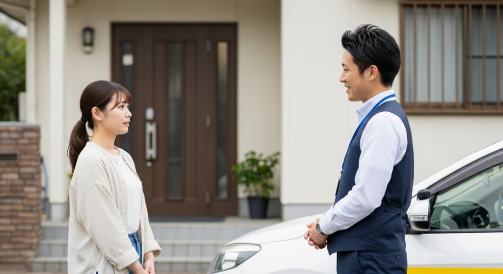 「ペーパードライバー講習の2回目予約|自宅前でインストラクターと相談」 「自宅前でインストラクターと女性受講者が次回のペーパードライバー講習について相談する様子」