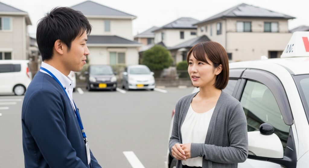 ペーパードライバー講習を終えて駐車場でインストラクターと会話する30代派遣女性。安心感を得て次のステップを考える場面。