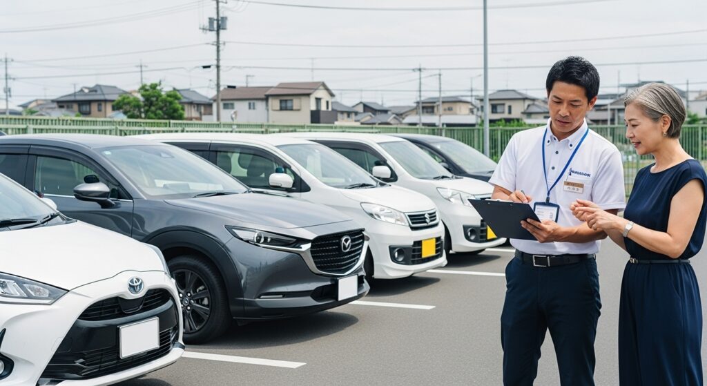 指導員と女性が駐車場で複数の車を前にレッスンプランを相談している様子