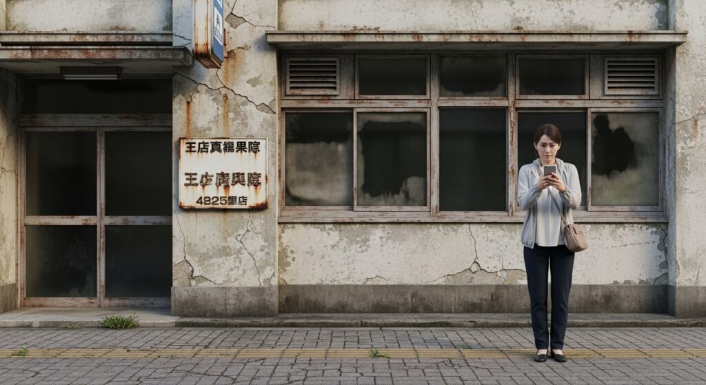 老朽化したビルの前で40代の女性がスマホを見ながら不安そうに立っている。訪問先が正しいか確認している場面。