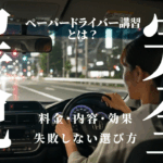 夜の道路を走行する女性ドライバーと「完全解説」の大きな文字。ペーパードライバー講習の料金・内容・効果・選び方を網羅した記事のアイキャッチ。