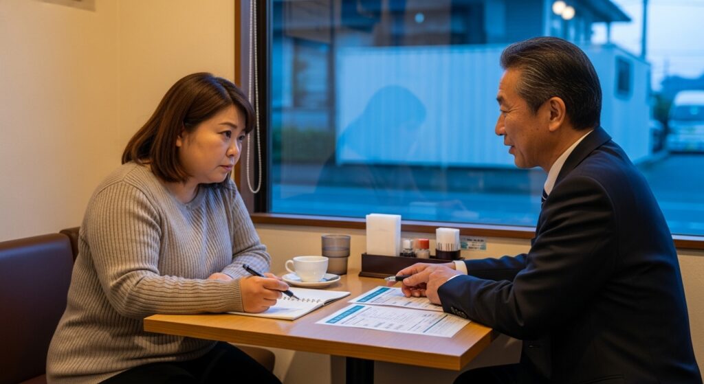 「50代の日本人女性がカフェでドライビングインストラクターと向かい合い、ペーパードライバー講習について相談している。ノートを取りながら不安そうに話を聞く姿。」