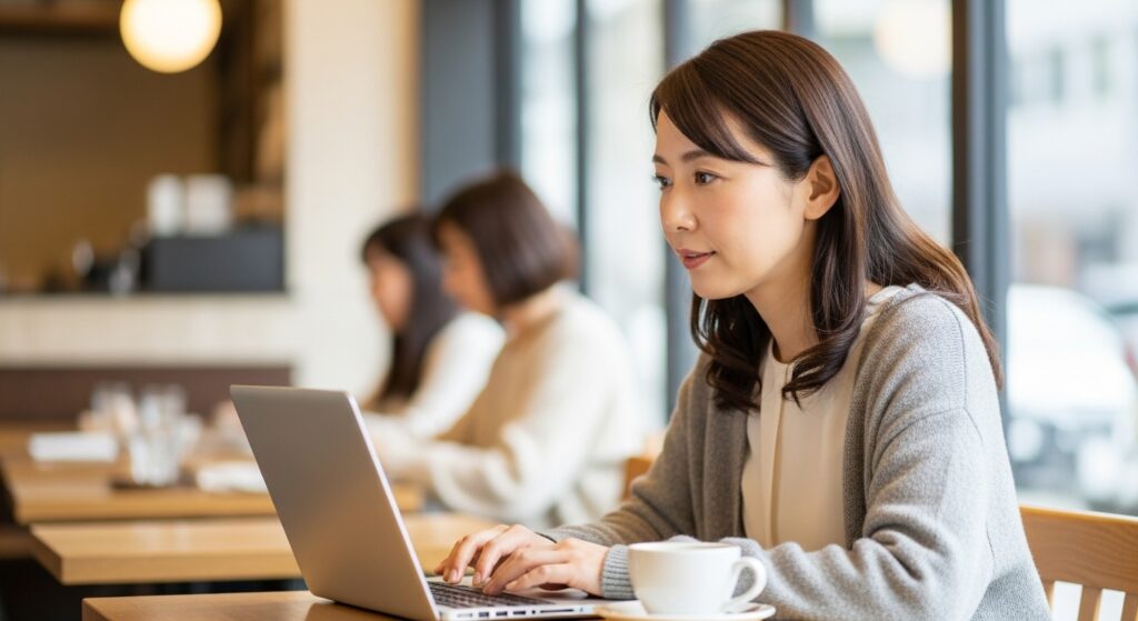 カフェでノートパソコンを使いながら調べ物をしている女性｜ペーパードライバー講習の費用比較をイメージ
