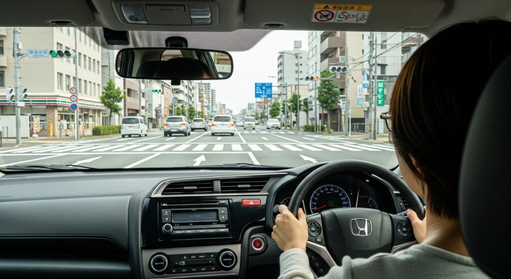 車内から見た都内の交差点と道路の様子。ペーパードライバー講習で実際に走行しているシーン。