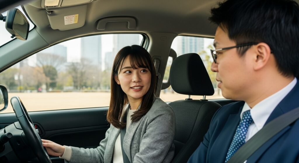 「車を停めた車内で、20代女性受講者がインストラクターと会話している様子。早めの合図の大切さについて指導を受けている」