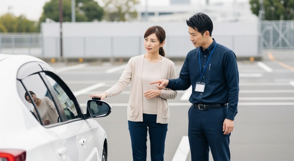 車の横でインストラクターから指導内容を振り返る女性ドライバー｜ペーパードライバー講習