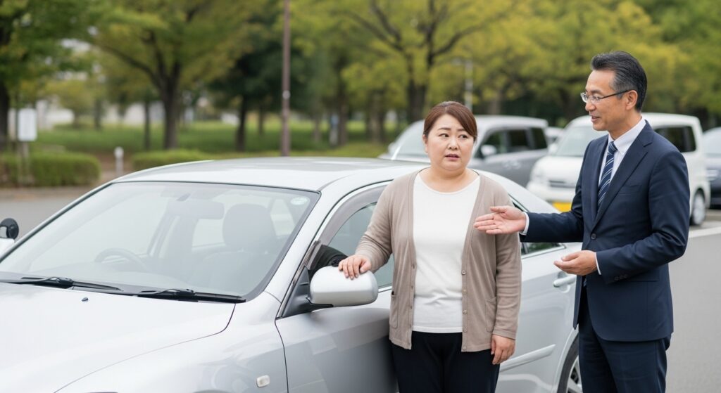 「公園の駐車場でドライビングインストラクターの説明を受ける50代女性。車の横に立ち、不安そうな表情を浮かべている様子。」