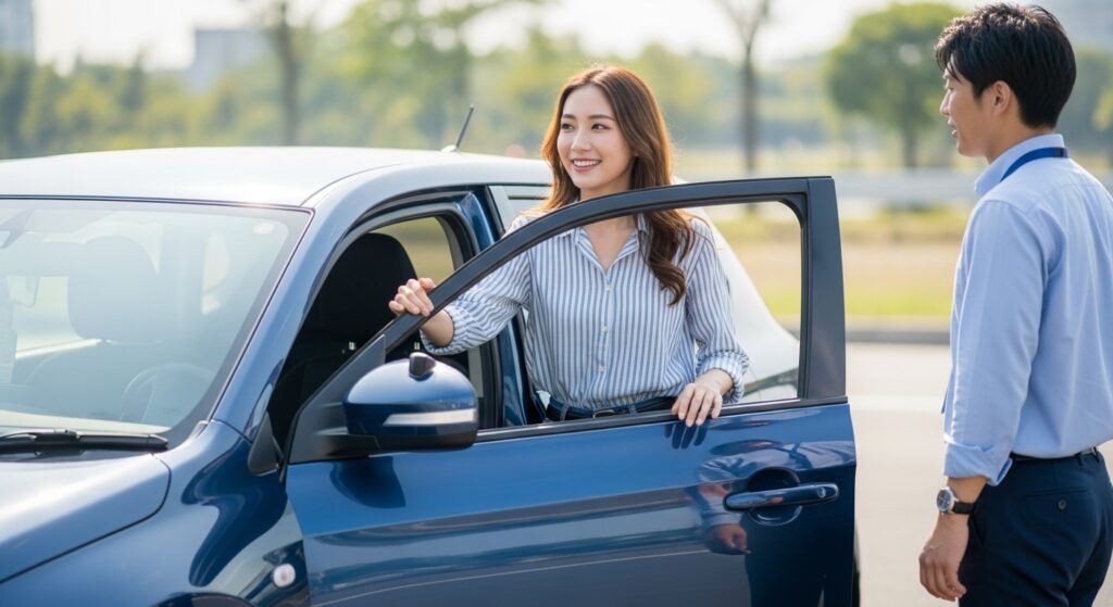 初台方面の住宅街でペーパードライバー講習を終え、車から降りてインストラクターと会話する受講者の様子