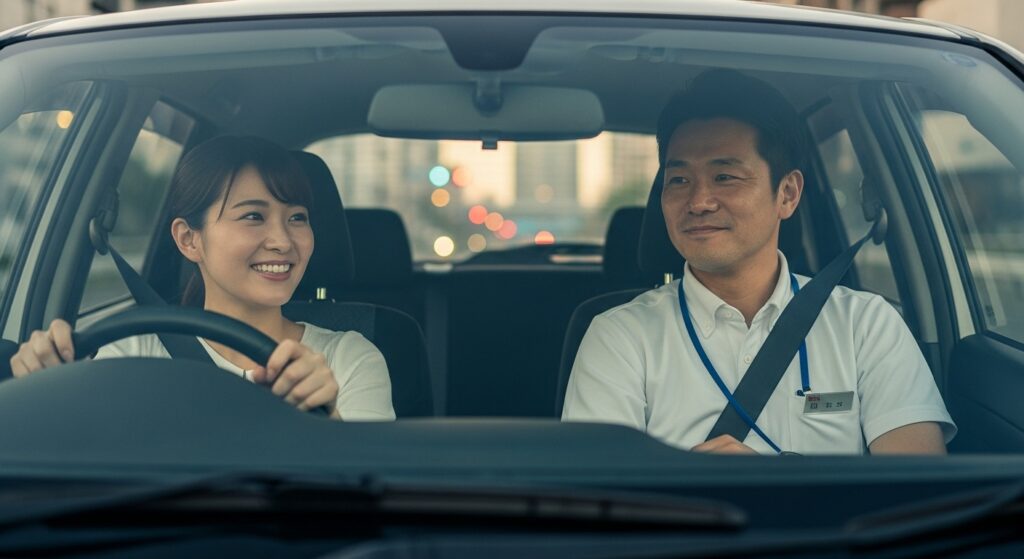 車内で女性が笑顔で運転し、インストラクターが優しく見守るシーン。出張型ペーパードライバー講習で安心して練習している様子。