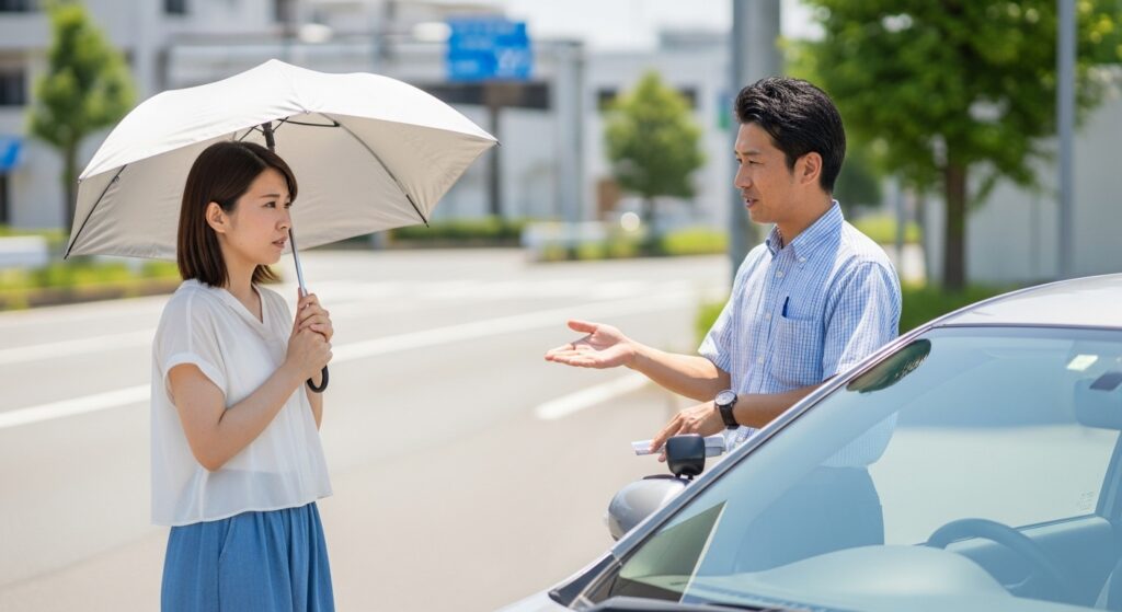 日傘をさした女性とインストラクターが屋外で会話するペーパードライバー講習のシーン