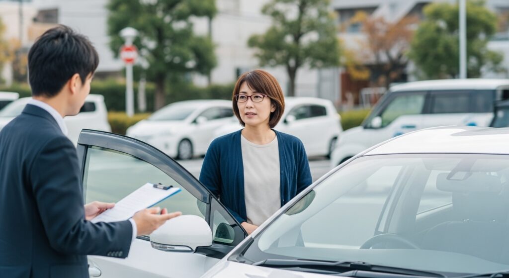 講習後にインストラクターと駐車場で会話する40代女性ドライバー｜独り立ちに向けて自信を深めるペーパードライバー講習