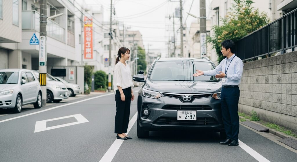 住宅街の道路でSUVの前に立ち、インストラクターが受講者に次の走行内容を説明しているシーン。ペーパードライバー講習の実践前。