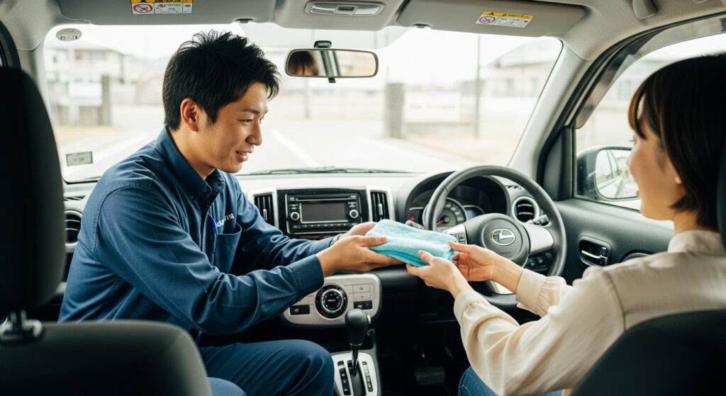 車内でインストラクターが笑顔でおしぼりを手渡している。受講者は助手席に座り、両手で丁寧に受け取っている。