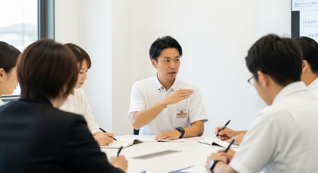 会議室でインストラクターが危険ポイントや指導方針について話し合っているシーン。安全指導の質を高めるための打ち合わせ。