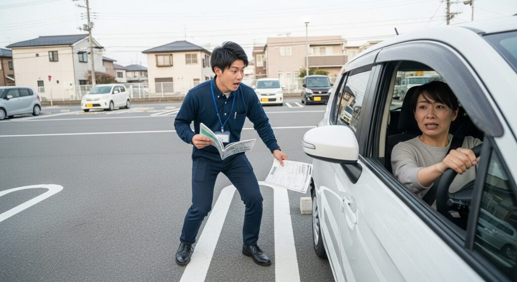 若いインストラクターがマニュアル本を持って指導し、女性ドライバーが困惑した表情でハンドルを握っている。画一的な講習スタイルのイメージ。