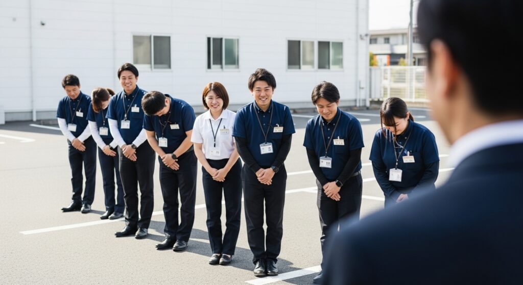 駐車場で複数のインストラクターが一列に並び、受講者に向かって丁寧にお辞儀している。サービス開始前の挨拶シーン。