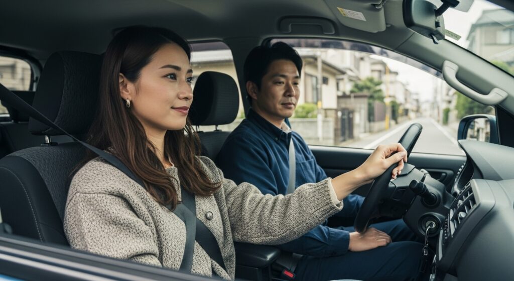 住宅街を走行する女性ドライバーと助手席のインストラクター｜ペーパードライバー講習シーン