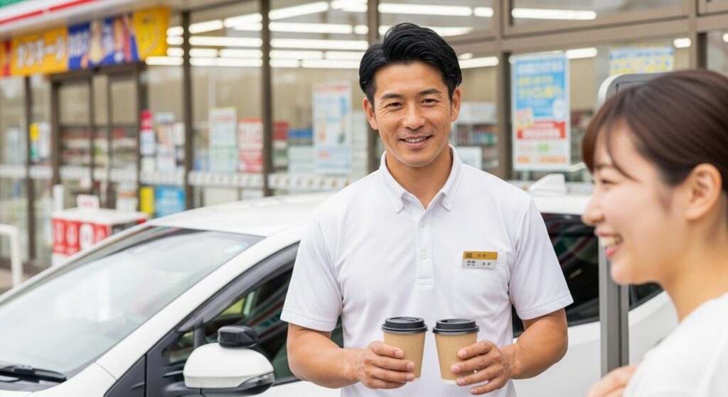 コンビニ前でコーヒーを持ち、笑顔で受講者に声をかけるインストラクター。安心感とリラックスした雰囲気を伝えるペーパードライバー講習の休憩シーン。