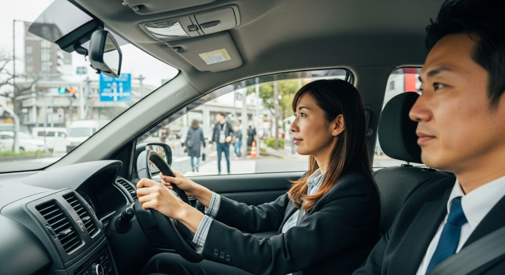 停車中のタクシーを避けるために車線変更を練習する女性ドライバーと指導するインストラク