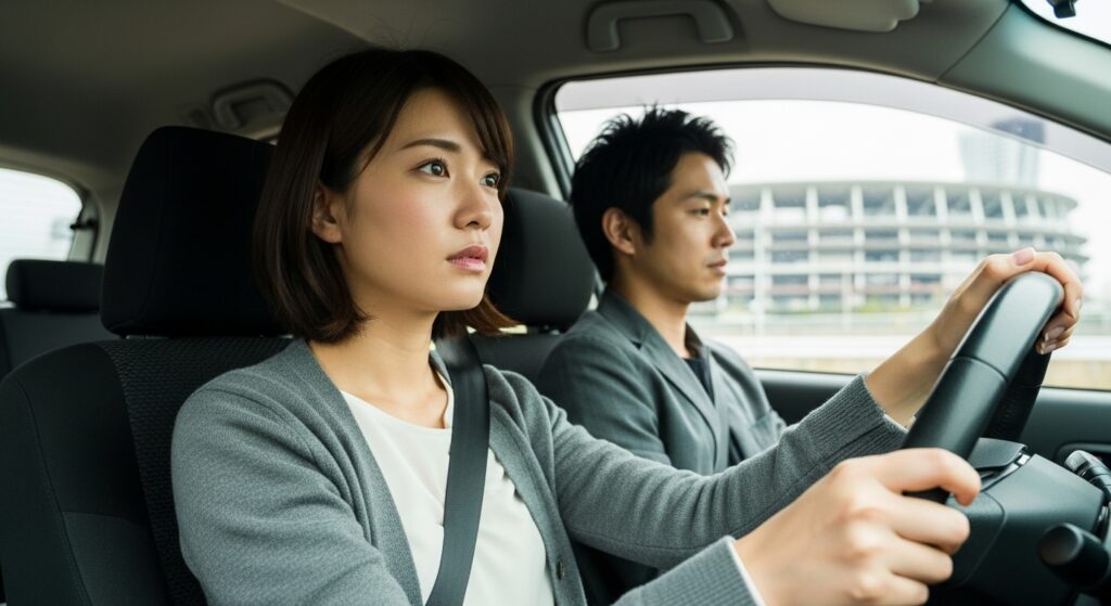 30代女性の派遣社員がペーパードライバー講習で運転練習中。助手席にはインストラクターが同乗し、国立競技場前の道路を走行するシーン。