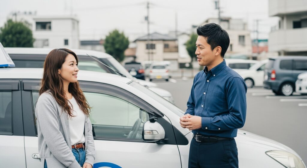 駐車場でインストラクターと会話する女性ドライバー｜ペーパードライバー講習の指導シーン
