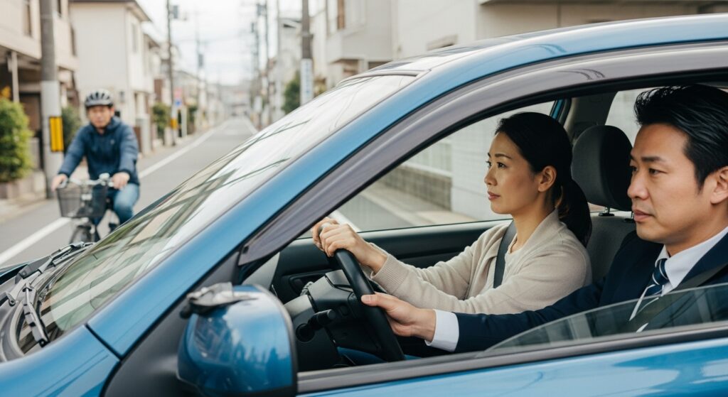 住宅街の狭い道路で前方の自転車に注意しながら運転する女性と同乗するインストラクター｜ペーパードライバー講習