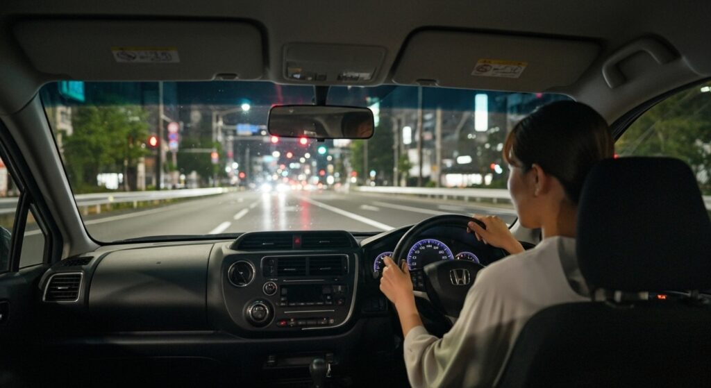 夜の幹線道路をマイカーで走行中。車内から見た赤信号の交差点と運転する女性の様子。