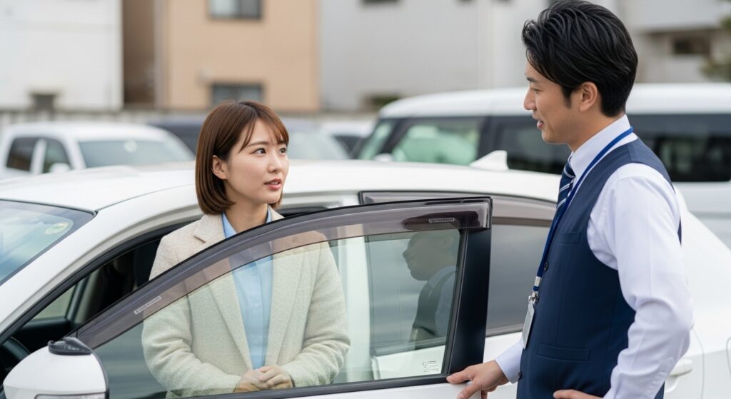 「ペーパードライバー講習後に自信を持った女性とインストラクター」 「ペーパードライバー講習を終えてインストラクターと話す20代女性」
