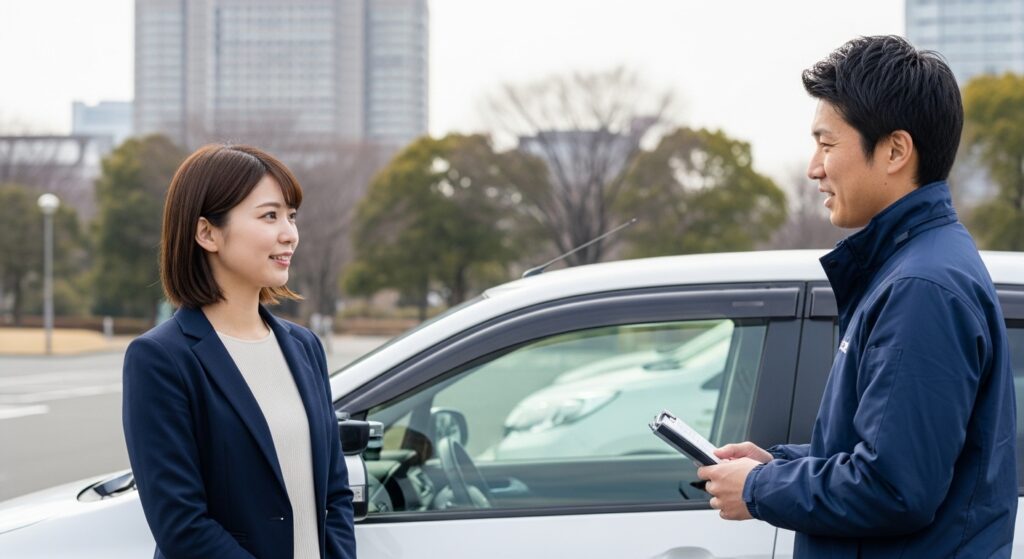 「講習を終えた20代女性がインストラクターと駐車場で会話する様子。運転への不安を克服し、自信を取り戻した表情が印象的」