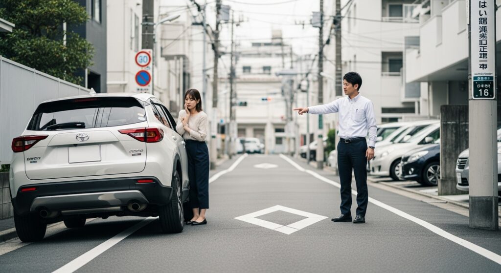 住宅街の狭い道路でSUVを停めた女性と、指をさして駐車位置を指摘するインストラクター。ペーパードライバー講習の駐車練習シーン。