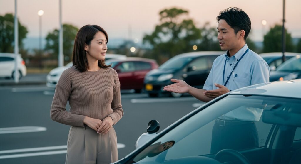 ペーパードライバー講習の終了後に駐車場で指導を受ける39歳女性|振り返りと次のステップ ペーパードライバー講習を終えた39歳女性が駐車場でインストラクターと向き合い、今日の走行を振り返りながら会話している。夕方の柔らかい光が二人を照らしている。