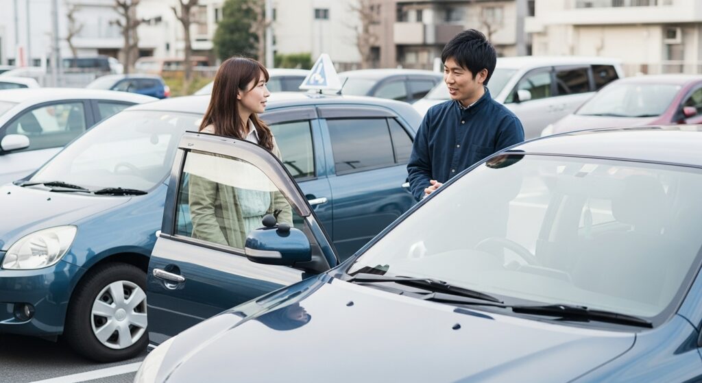 駐車場でインストラクターと会話する女性ドライバー｜ペーパードライバー講習の指導風景