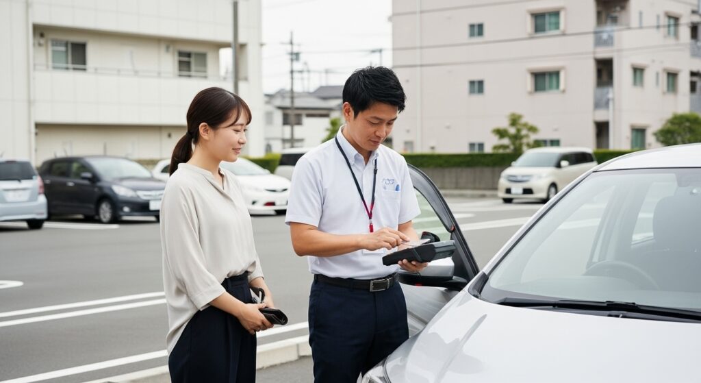 駐車場でインストラクターが端末を操作し、受講者が支払いを行っている様子。ペーパードライバー講習の決済シーン。