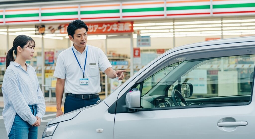 教習指導員がコンビニ前で女性にマイカーの点検方法を説明している様子。
