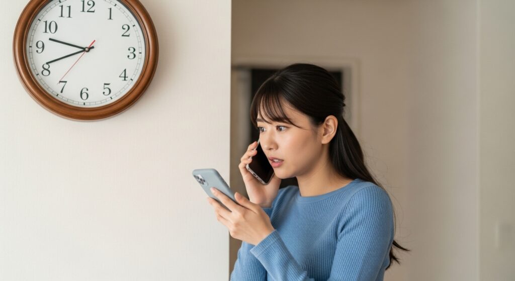「ペーパードライバー講習の予約タイミング|時計を見て慌てて電話する女性」 「壁の時計を見て慌ててスマホで電話する女性。ペーパードライバー講習の予約タイミングを意識する様子」