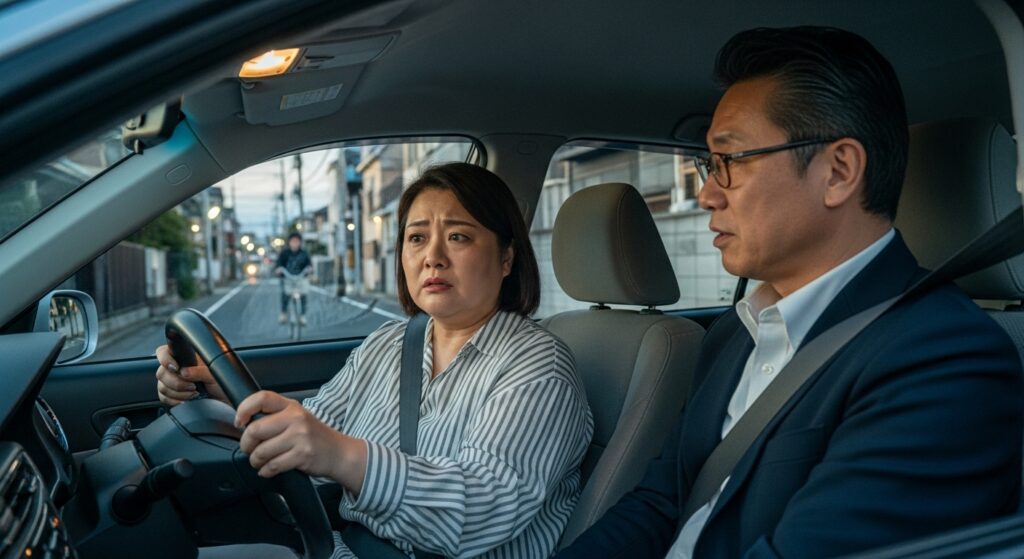 住宅街の狭い生活道路を運転する50代女性。緊張した表情でハンドルを握り、助手席のインストラクターが指導している様子。」