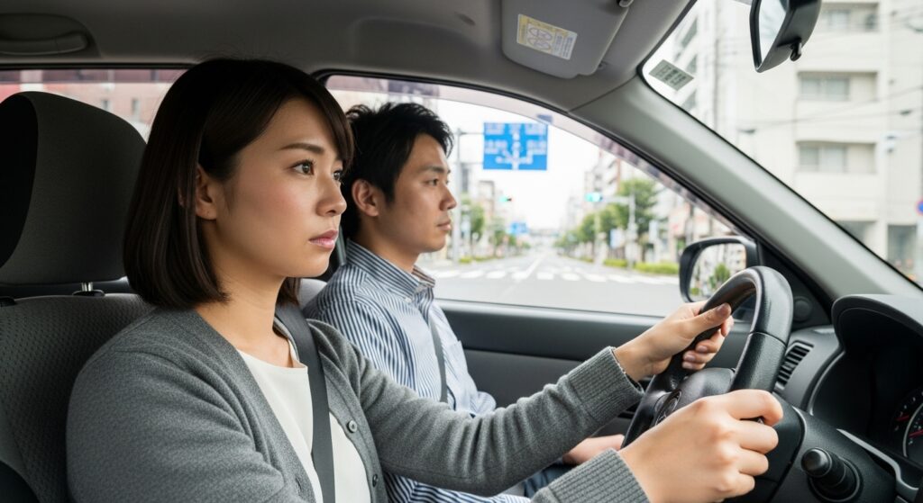千駄ヶ谷から国立競技場周辺の広い道路を走る30代派遣女性。ペーパードライバー講習でインストラクターと共にスピード調整を学ぶシーン。
