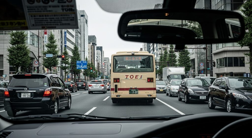 新青梅街道を走行する車内からの視点｜前方に都営バスと渋滞の車列が見えるペーパードライバー講習シーン
