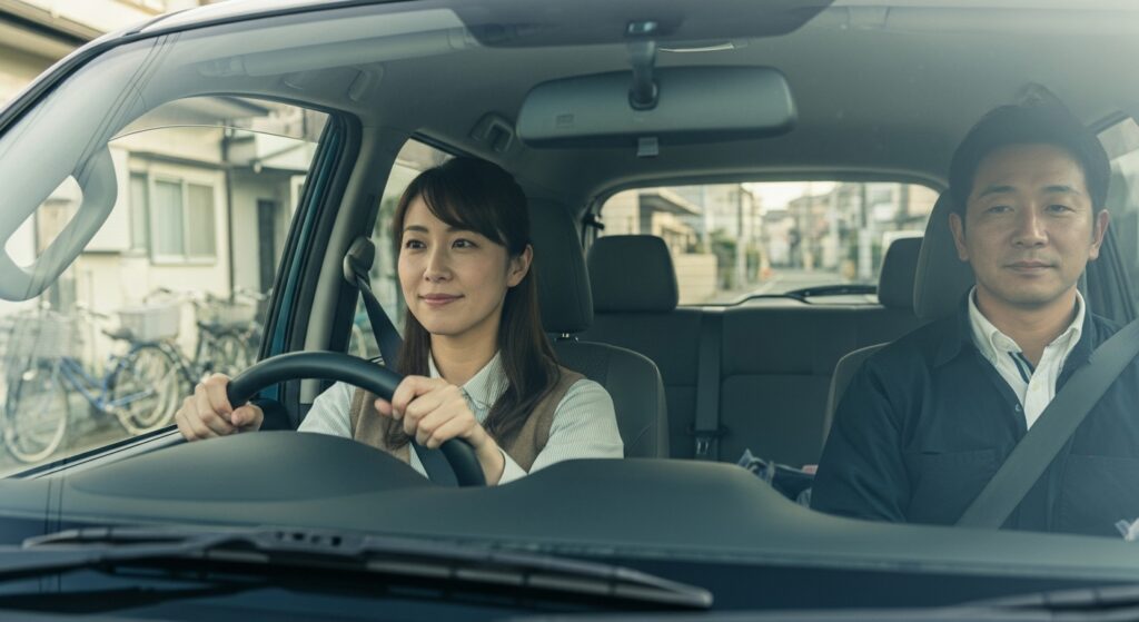 住宅街を走行する女性ドライバーと助手席のインストラクター｜ペーパードライバー講習シーン