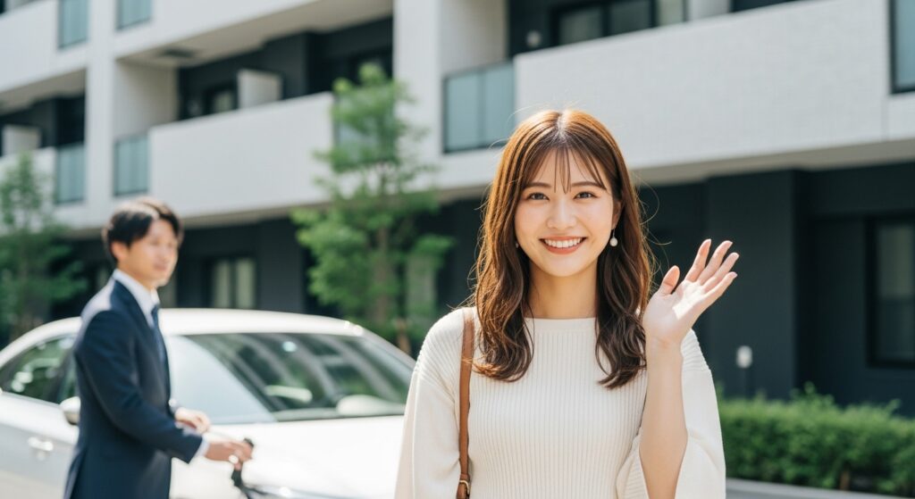 新宿区でペーパードライバー講習のインストラクターと待ち合わせする20代女性受講者の笑顔