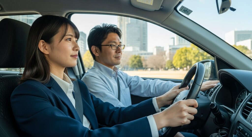 「新宿の都庁裏エリアで20代女性がインストラクターと運転練習するペーパードライバー講習の様子」