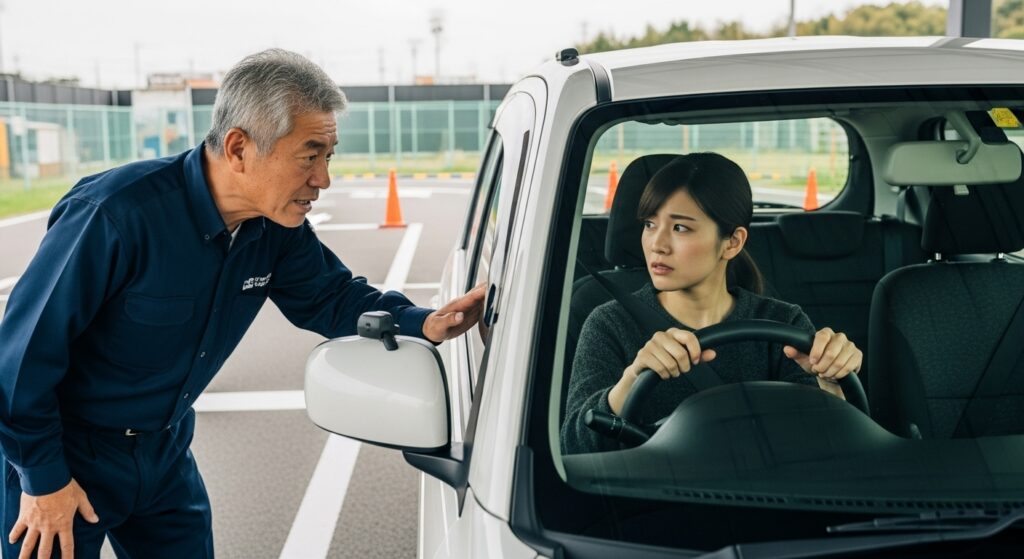 教習所場内で60代の指導員が窓越しに厳しい表情で指導。運転席の女性は緊張した面持ちでハンドルを握っている。