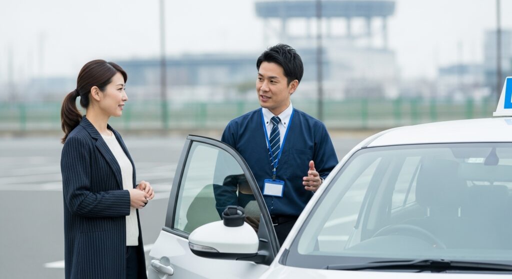 ペーパードライバー講習を終えて車の横でインストラクターと振り返りをする女性